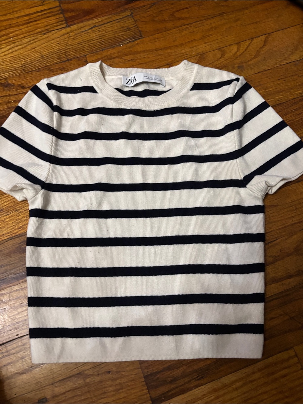 Zara Kids Cream & Black Striped Short-Sleeve Knit Top
